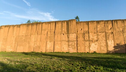 Ancient Textured Stone Wall Exterior Against Blue Sky and Green Grass in Sunny Day
