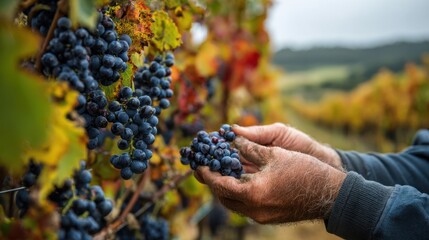 Medium frame capturing a vintner inspecting grape clusters during harvest with focused hands and grapes contrasted by an outoffocus vineyard landscape.