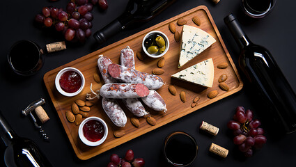 Delicious charcuterie board with wine and accompaniments