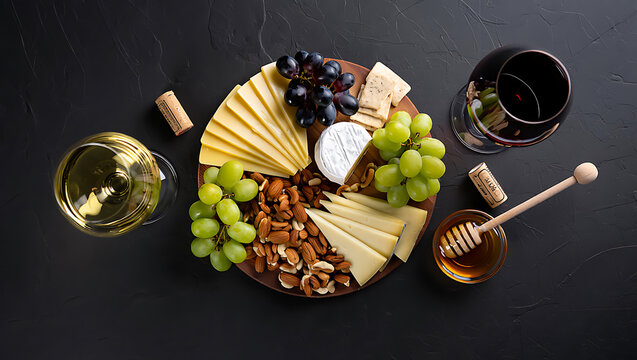 Delicious cheese board with wine and honey
