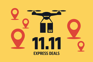 A drone delivering packages with location pins and express deals on a yellow background design style