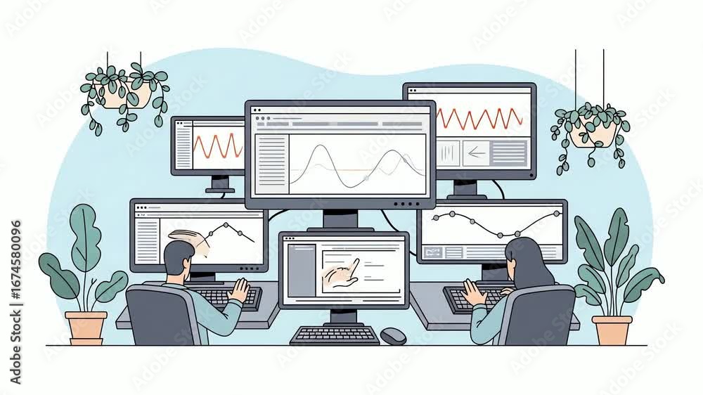 Poster traders working on multiple computer screens displaying financial charts and data.