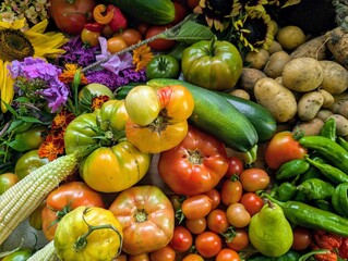 Flat lay of bountiful harvest with Carolina Reapers, heirloom tomatoes, and flowers