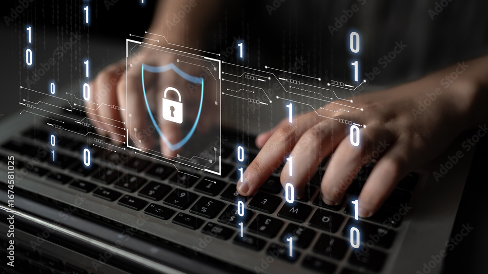 Poster cyber security protects against breaches, hacks, and network attacks using strong infrastructure and