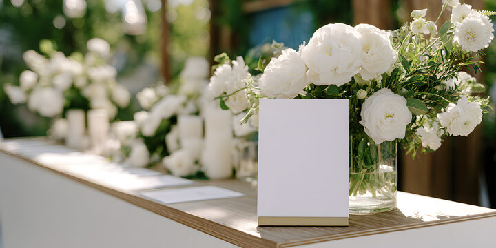 Floral Elegance: A close-up captures an elegant floral arrangement, showcasing pristine white blooms alongside a blank, gold-edged card resting on a wooden surface, all illuminated by natural light.