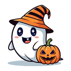 Cute Cartoon Ghost Wearing Witch Hat With Smiling Halloween Pumpkin Illustration