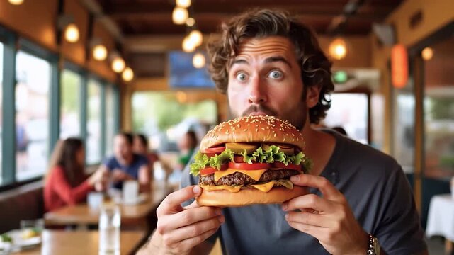 Amazed man holding an oversized giant cheeseburger with lettuce, tomato, cheese, and sesame bun in restaurant. Concept of fast food, indulgence, cheat meal, appetite, and extreme portion sizes.