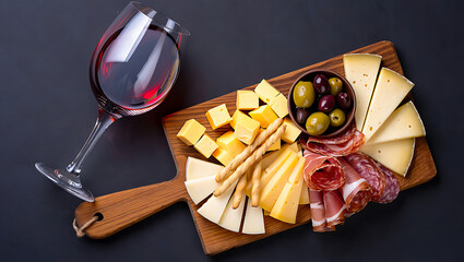 Red wine and cheese board arrangement delicious