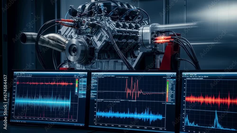Poster formula one engine dyno test in progress with digital waveform displays illustrating combustion puls
