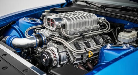Powerful Modified V8 Car Engine with Silver Supercharger in a Modern Blue Automobile Engine Bay