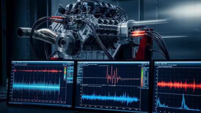 Formula One engine dyno test in progress with digital waveform displays illustrating combustion pulses and timing accuracy.