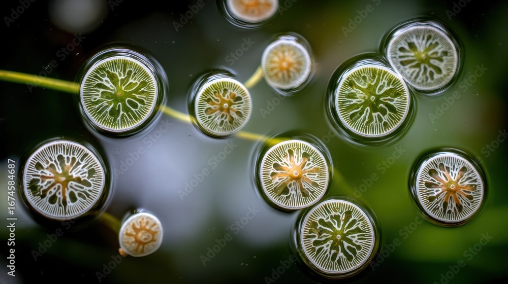 Poster closeup view of synthetic bioengineered flocculant particles suspended in water sharp focus on the c