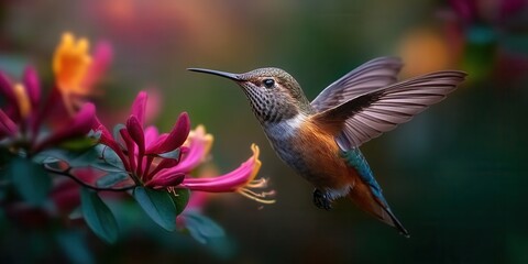 Fototapeta premium Hummingbird Hovering Near Vibrant Blooming Flowers at Dusk in a Garden