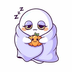 Cute sleepy ghost wrapped in blanket holding pumpkin cartoon illustration