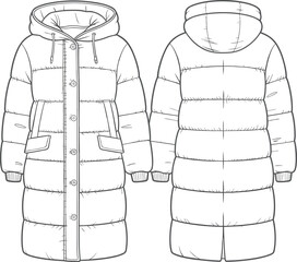 Long padded winter coat technical flat sketch, front and back views, hooded parka design, quilted stitching, insulated warm jacket © Obaidul Vector Zoon