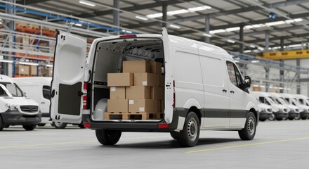 Naklejka premium White Delivery Van Loaded with Cardboard Boxes in a Large Warehouse Distribution Center