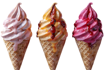 Cream Melting Ice Cones Different Flavors Dripping Sync Dynamic Food Isolated Transparent Background Marketing Ecommerce Web Print Copy Space Template Branding Social Media Poster Banner SEO Optimized