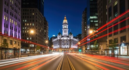 Naklejka premium City street at night with light trails and illuminated building
