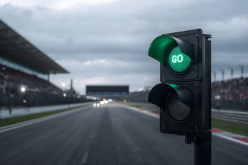 Green traffic light with G O illuminated on a race track with spectators green light motorsport
