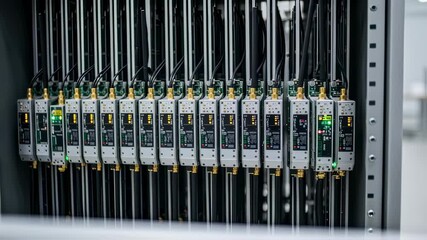 Rack of completed radar transmitter modules awaiting final inspection in an air traffic control equipment production area.