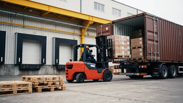Forklift loading merchandise boxes into shipping container for global distribution network