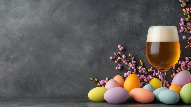 Glass of beer with easter eggs and blossoms