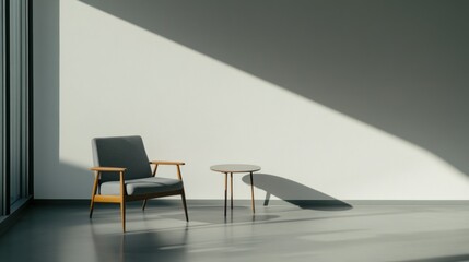Fototapeta premium Minimalist room interior with gray chair sunlight
