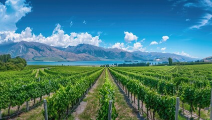 Fototapeta premium Vineyard Rows Lake Mountain Sunny Day Agriculture