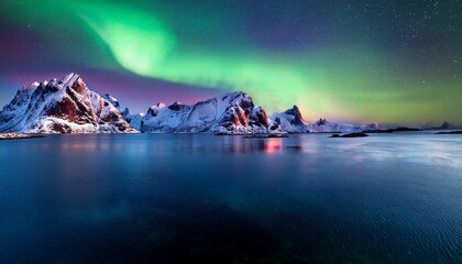 stunning aurora borealis over snowy mountains and calm waters