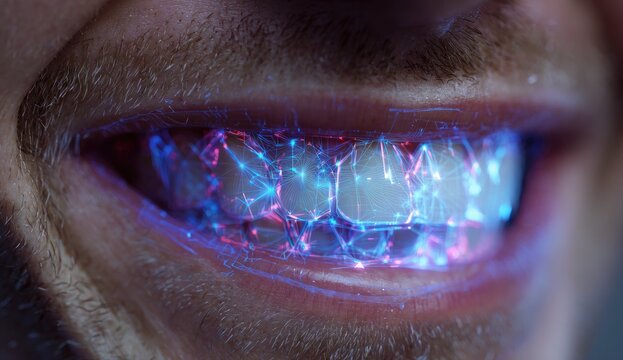 Man's glowing smile, digital overlay, close-up, tech background, healthcare ad