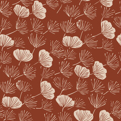 Vector floral seamless pattern. Elegant minimal brick red and beige background texture with flower silhouettes, twigs, leaves. Simple abstract botanical print. Retro vintage style repeating design