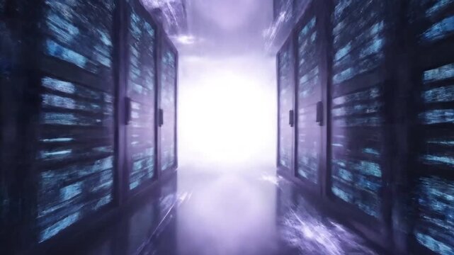 Dynamic data center server room with glowing lights, perfect for technology solutions and innovation