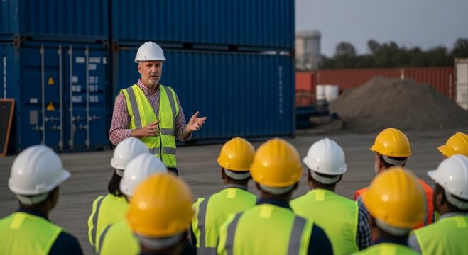 Male Supervisor in Safety Vest Leading a Training Meeting for Industrial Workers Outdoors