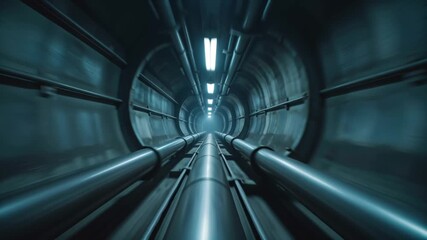 Deep industrial tunnel with prominent pipes and cool glowing lights, symbolizing modern infrastructure, technology, and essential connectivity for resources