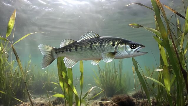spectacular underwater 4k footage of a pike perch zander fish hovering motionless among tall aquatic plants while rays of sunlight penetrate through the water&rsquo;s surface creating a serene natural