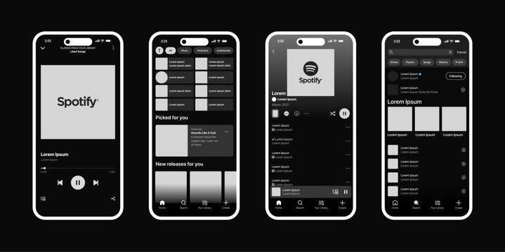 Spotify mockup template with playlist interface, playback screen, album cover display, song player, modern smartphone music streaming app UI