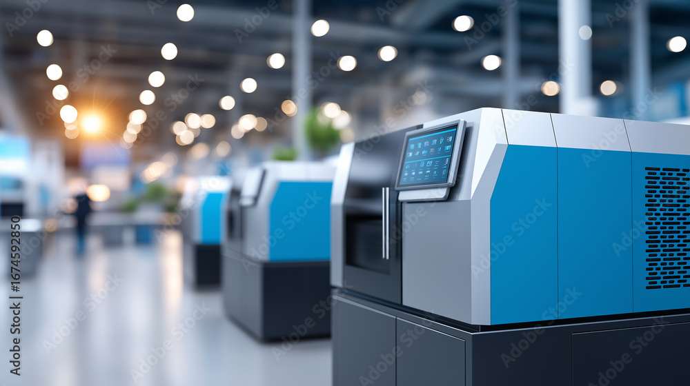Poster 3d printing industrial facility with additive manufacturing equipment and post processing stations s