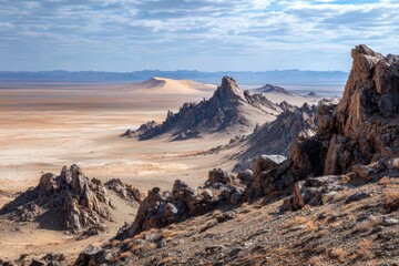 Fototapeta premium Desolate Gobi expanse: Rugged Rocks and Solitary Dune on the Horizon