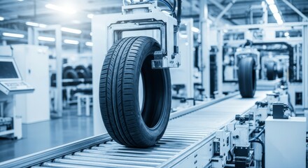 Fototapeta premium Robotic Arm Placing New Car Tire on Conveyor Belt in Modern Factory Production Line