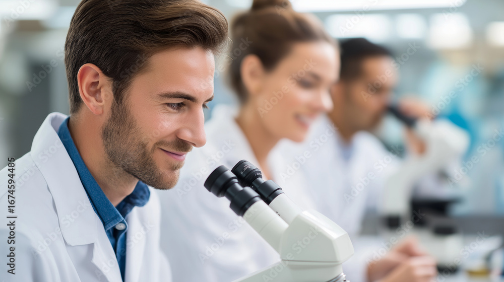 Poster medical laboratory scientists use pipettes and microscopes to analyze samples in a modern lab team m