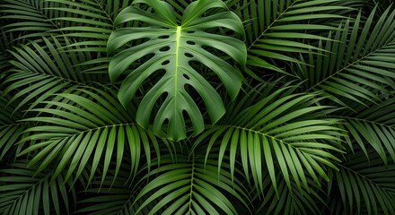 Lush green monstera leaf centered amidst a symmetrical arrangement of palm fronds, creating a vibrant tropical foliage pattern