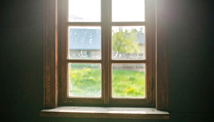 Rustic Wooden Window with Dust Motes and Sunlight Streaming Through with Green Foliage in the Background