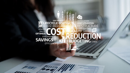 A professional image illustrating the concept of cost reduction in business, highlighting financial...