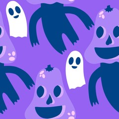 Fototapeta premium Autumn harvest vegetable seamless monster Halloween pumpkins pattern for wrapping paper and fabrics