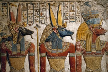 Obraz premium Divine Egyptian Mural: Gods and Pharaohs in Hieroglyphic Grandeur