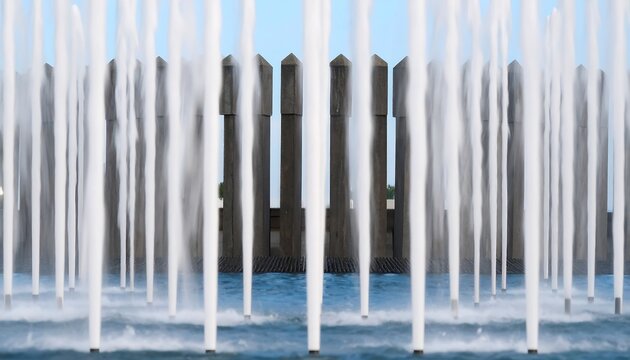 Vertical Fountain Array Displaying Water Jets Against Modern Concrete Structure Under Clear Sky