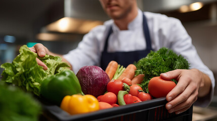 Farm to table chef selecting fresh organic vegetables from local produce delivery examining quality and seasonal ingredients for sustainable menu planning in restaurant prep area
