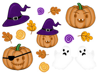 Cute halloween clipart, witch hat, halloween pumpkin, pirate halloween pumpkin, white ghost, fall leaves, and spiral candy