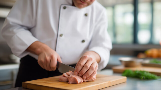 Culinary instructor demonstrating knife skills to students in professional cooking school kitchen with proper cutting techniques and safety procedures being taught on organized