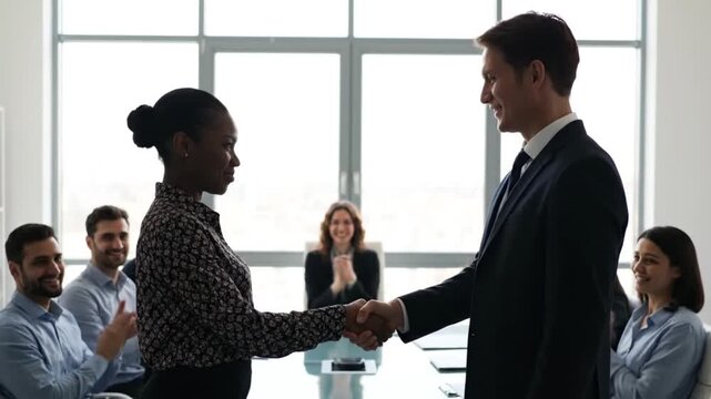 Dynamic diverse team welcomes new partner with handshake in modern office setting video clip